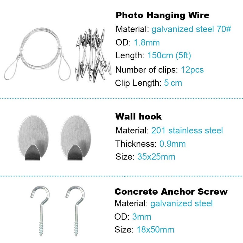 MOUNTAIN_ARK 6 Pack 5 ft Steel Wall Hanging Photo Display String Wire Cable with Adjustable Alligator Clip, for Hanging Picture Kids Art Crafts Note - Image 3